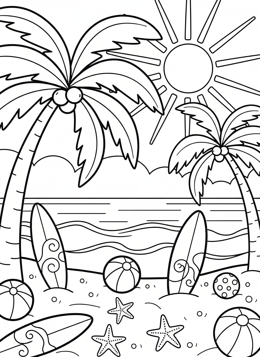 Palm trees swaying on the beach with beach balls, surfboards, and starfish scattered in the sand, tropical coloring page