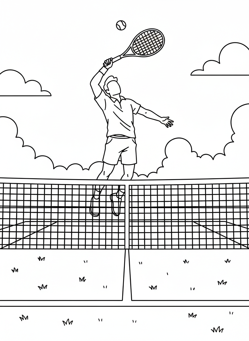 A tennis player serving on a grass court with the net and baseline clearly visible, simple line art perfect for coloring.