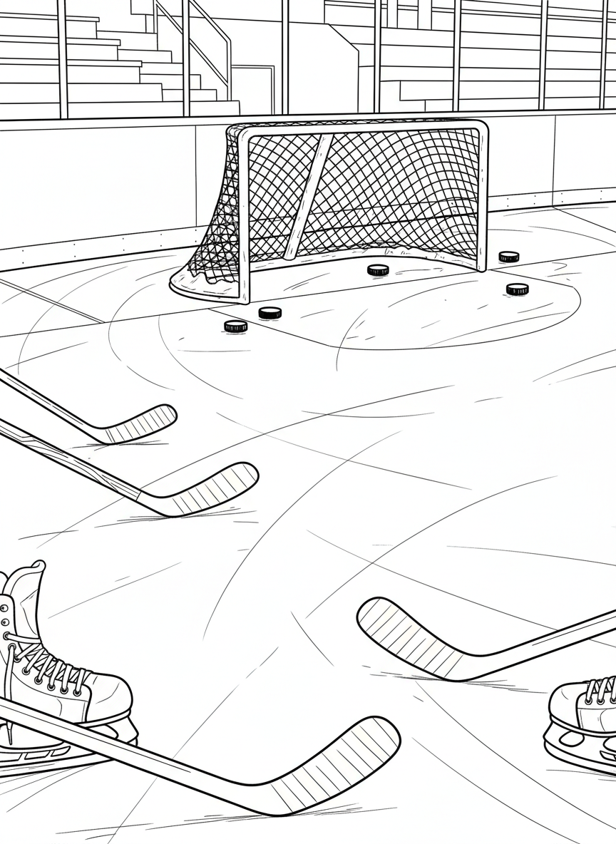 A detailed ice hockey rink scene with goal nets, hockey sticks, pucks, and skates scattered around, no people, equipment focus for older kids.