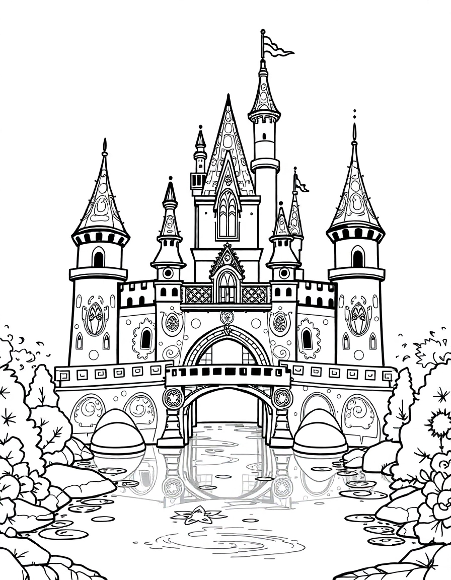 An enchanted castle with a drawbridge, moat reflecting towers