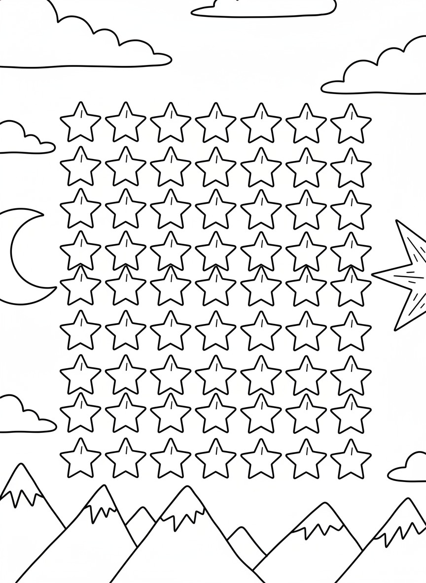 Ten groups of ten stars arranged in neat rows to visually show 100 stars total, simple counting illustration