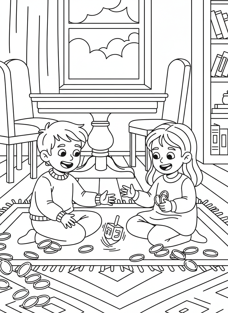 Two children playing the dreidel game together, sitting on the floor with chocolate coins (gelt) scattered around them, happy expressions.