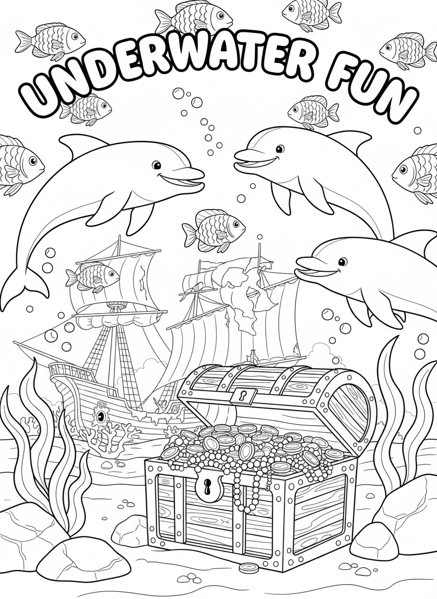 Underwater adventure coloring book cover, full-color illustration with smiling dolphins, colorful fish, and a treasure chest on the seafloor. Title-safe area at top.