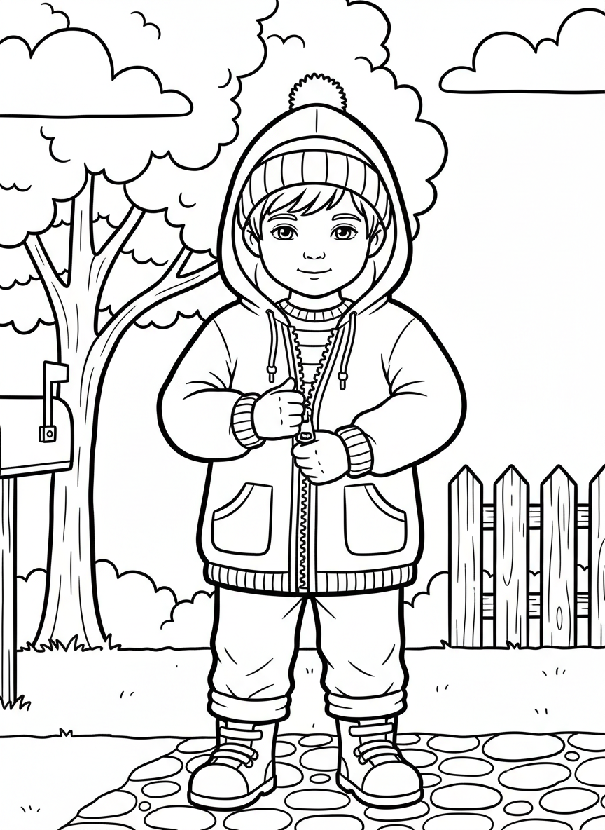 A child zipping up a jacket or hoodie, hands on zipper, dressed and ready to go outside, simple standing pose