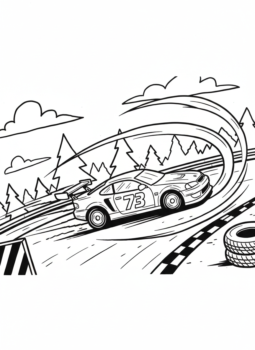 A speedy race car with a large spoiler and racing number on the side, zooming around a curved track with motion lines