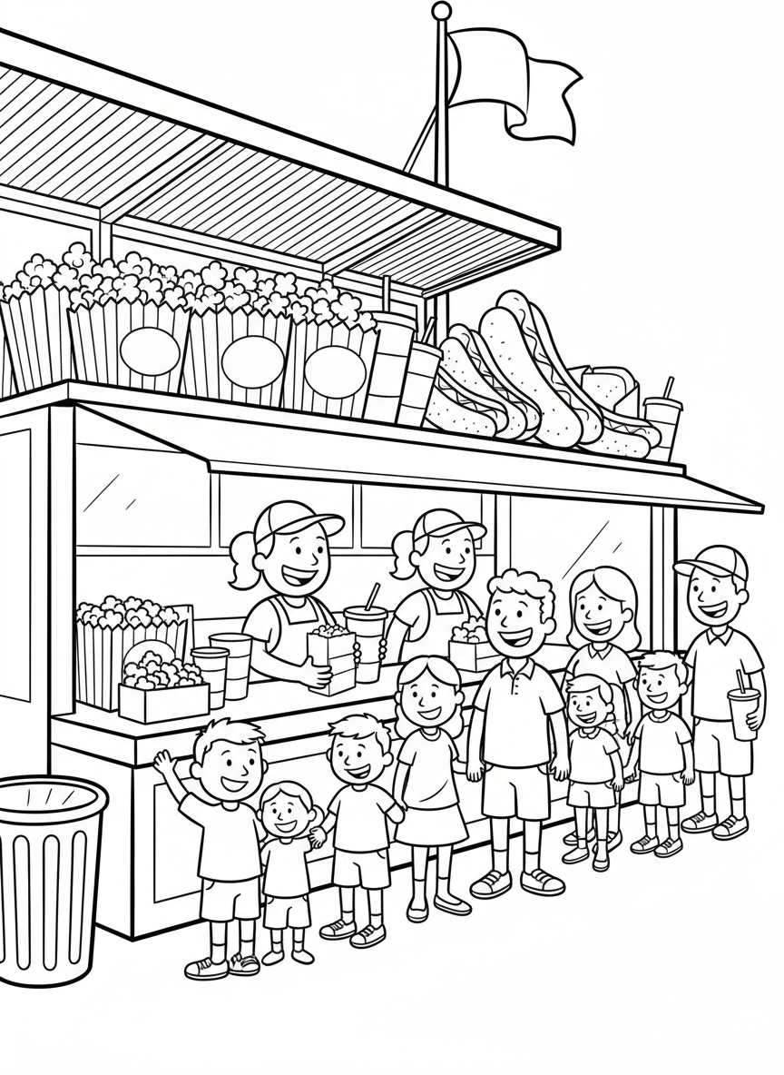 A concession stand at the stadium with popcorn, hot dogs, and drinks, with happy families waiting in line.