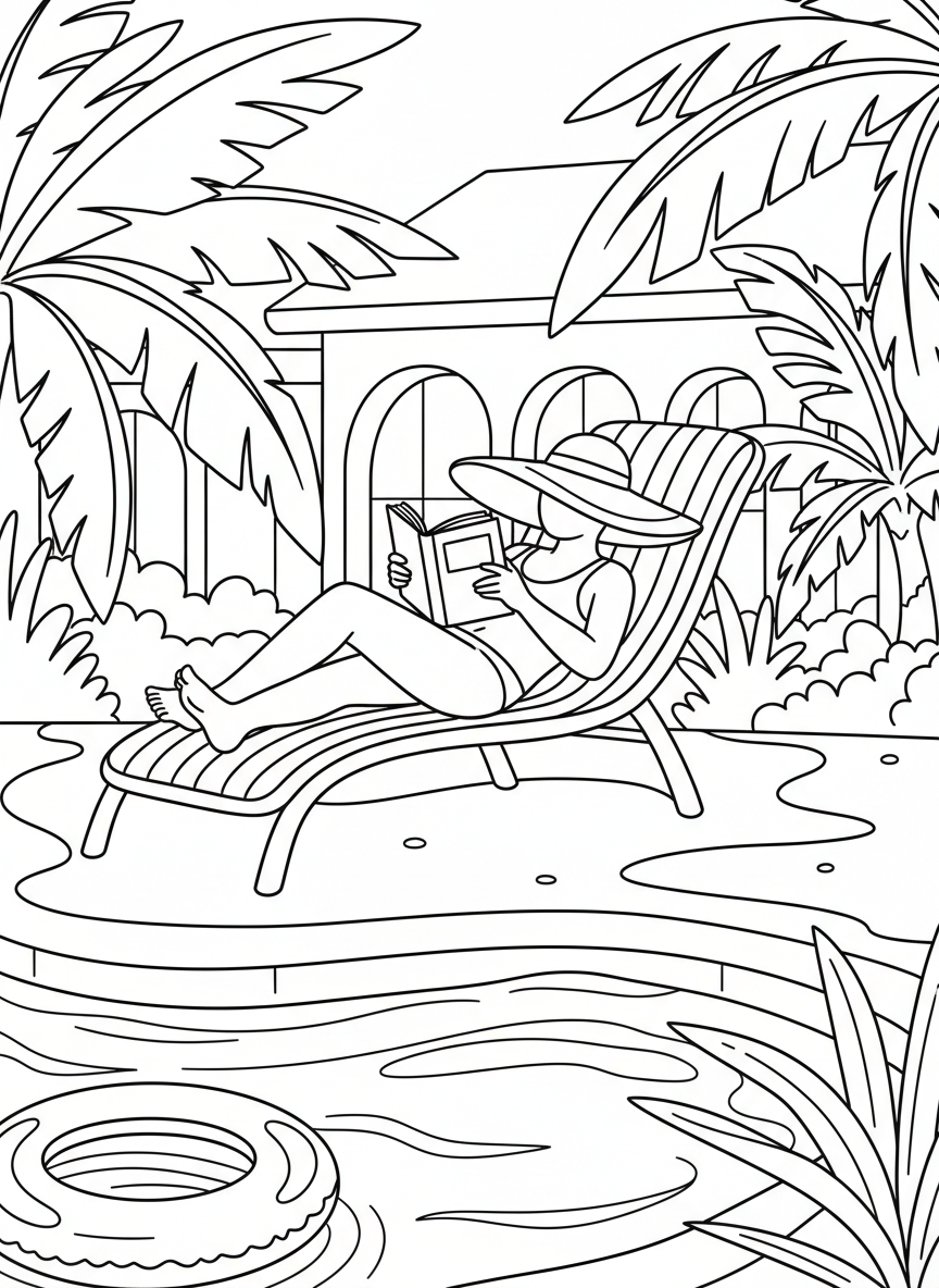 Summer Vacation coloring page prompts capturing travel adventures, relaxed days, family trips, and sunny escapes.	A relaxed afternoon reading by the pool, shadows shifting slowly as time feels unhurried.