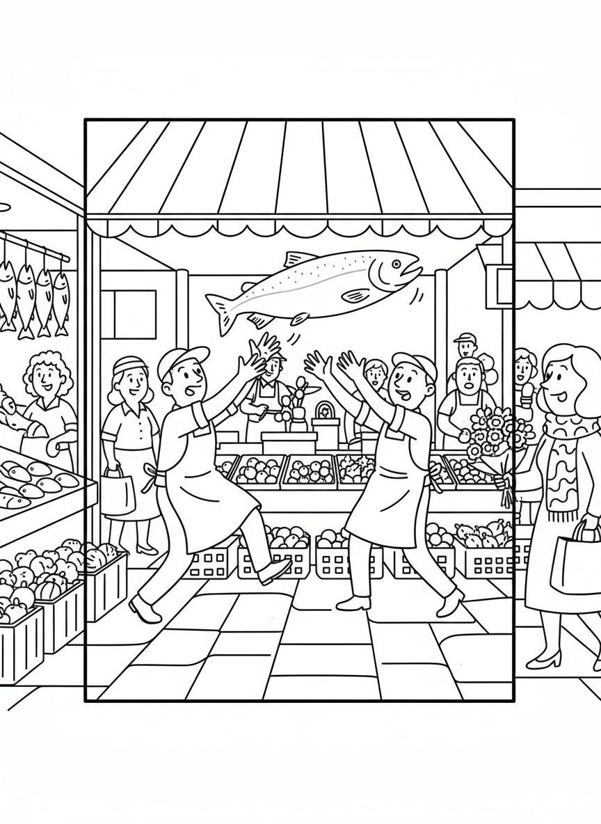 Pike Place Market fish thrower tossing a large fish to a coworker, energetic market scene with simple character designs.
