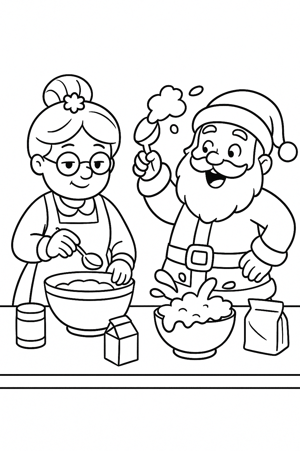 Mrs. Claus calmly measuring ingredients while Mr. Claus wildly guesses and creates funny results.