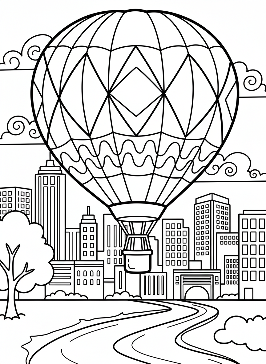 A colorful hot air balloon floating over Oklahoma City with buildings below, simple shapes and patterns for coloring.