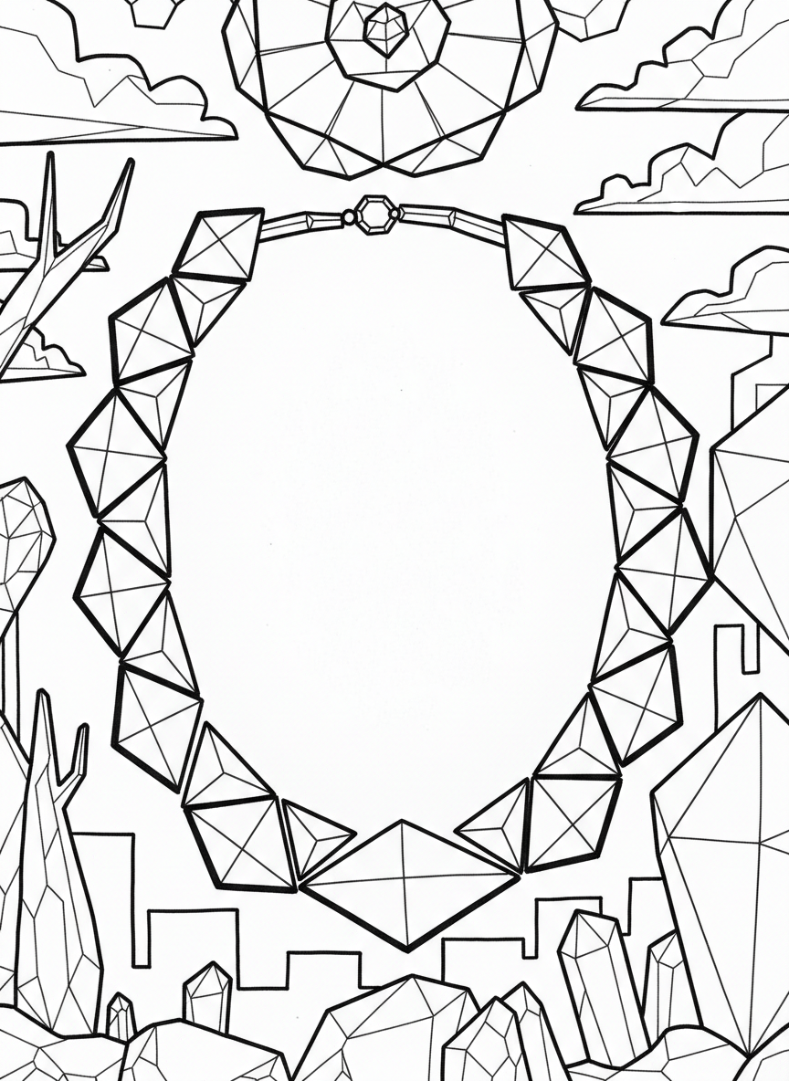 A geometric origami necklace with connected diamond and triangle shapes forming a chain, laid flat in a circular arrangement.