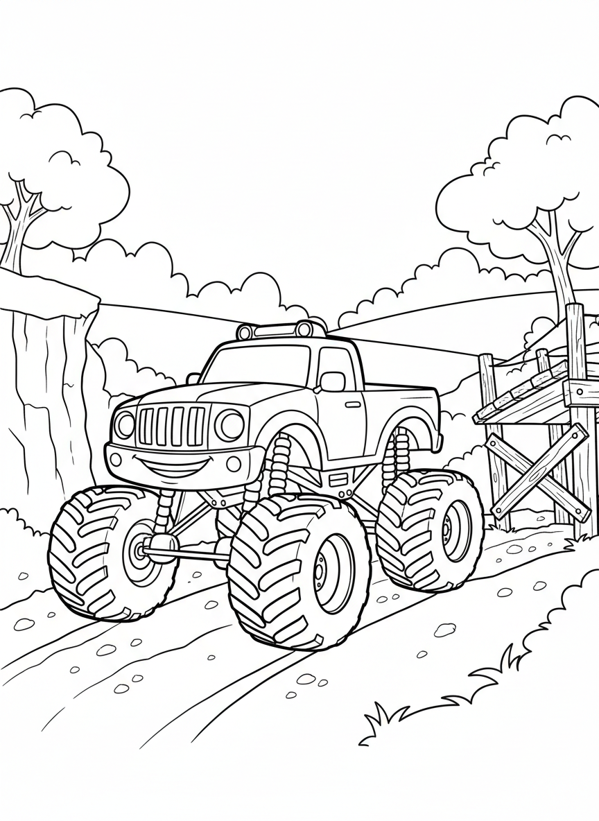 Simple monster truck with oversized tires and a smiling front grille, perfect for young children to color