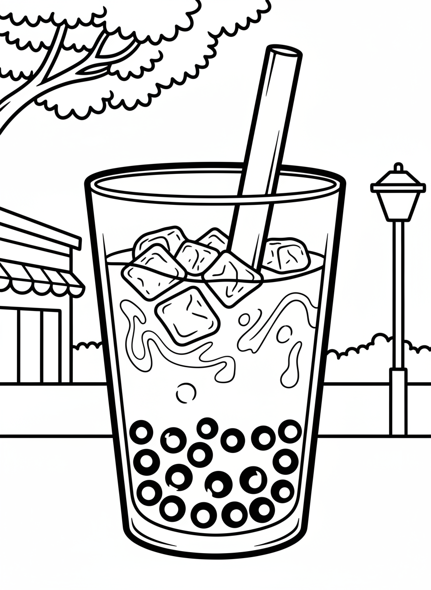 A cross-section view of a bubble tea showing all the layers: ice, tea, milk, and boba pearls at different levels