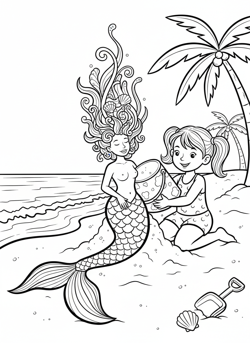 A girl using a bucket to create a sand mermaid sculpture with a flowing tail and seaweed hair on the beach.