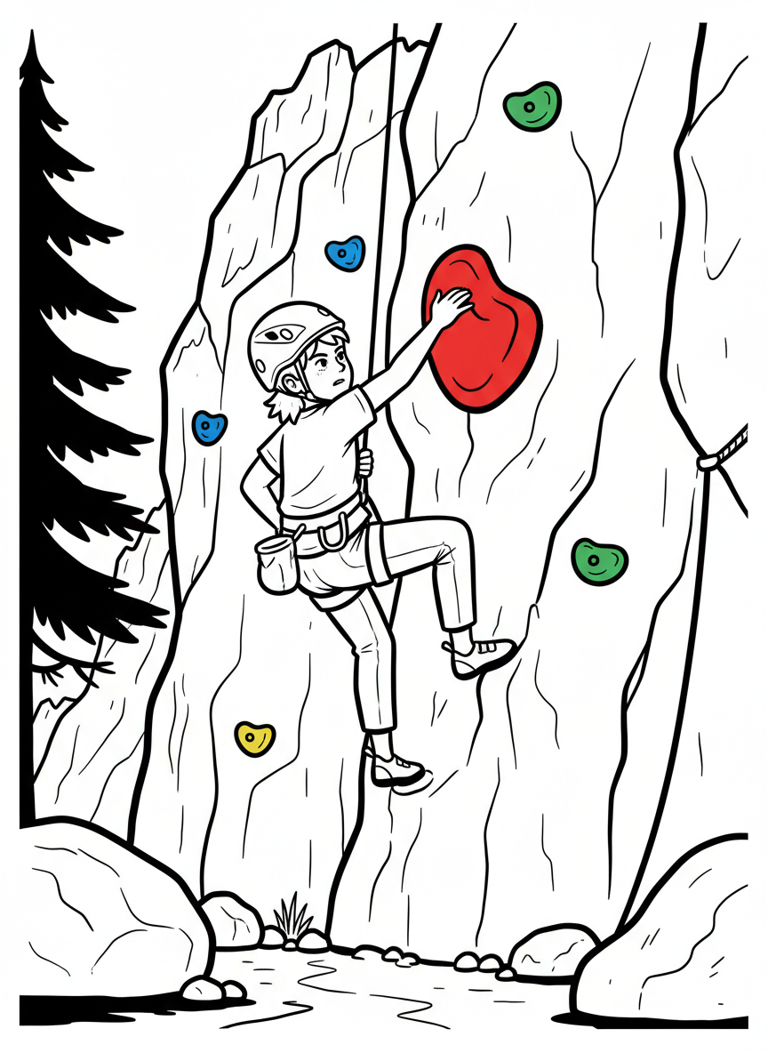 A young camper climbing a rock wall with safety harness and helmet, reaching for colorful hand holds.