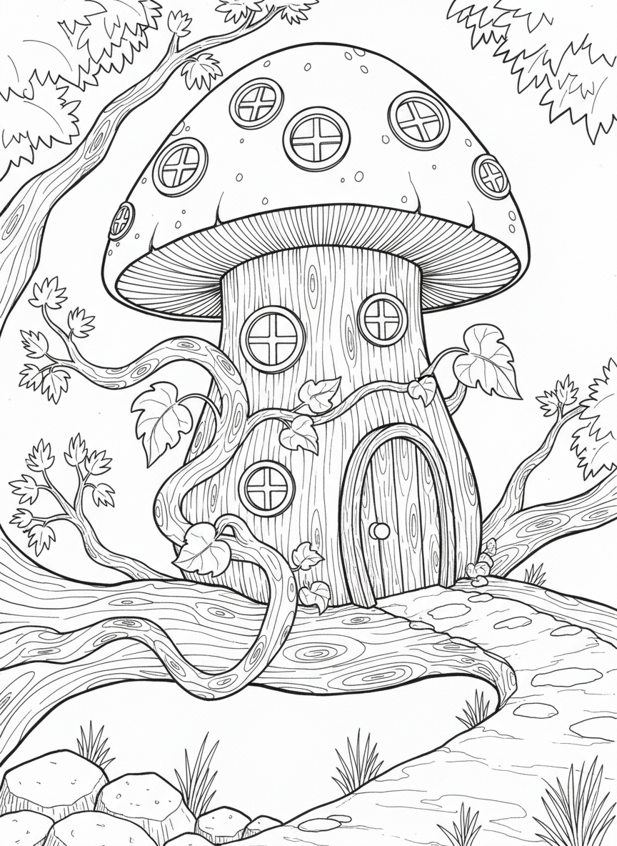 A whimsical treehouse shaped like a mushroom with round windows, a curved door, and vines growing up the trunk.
