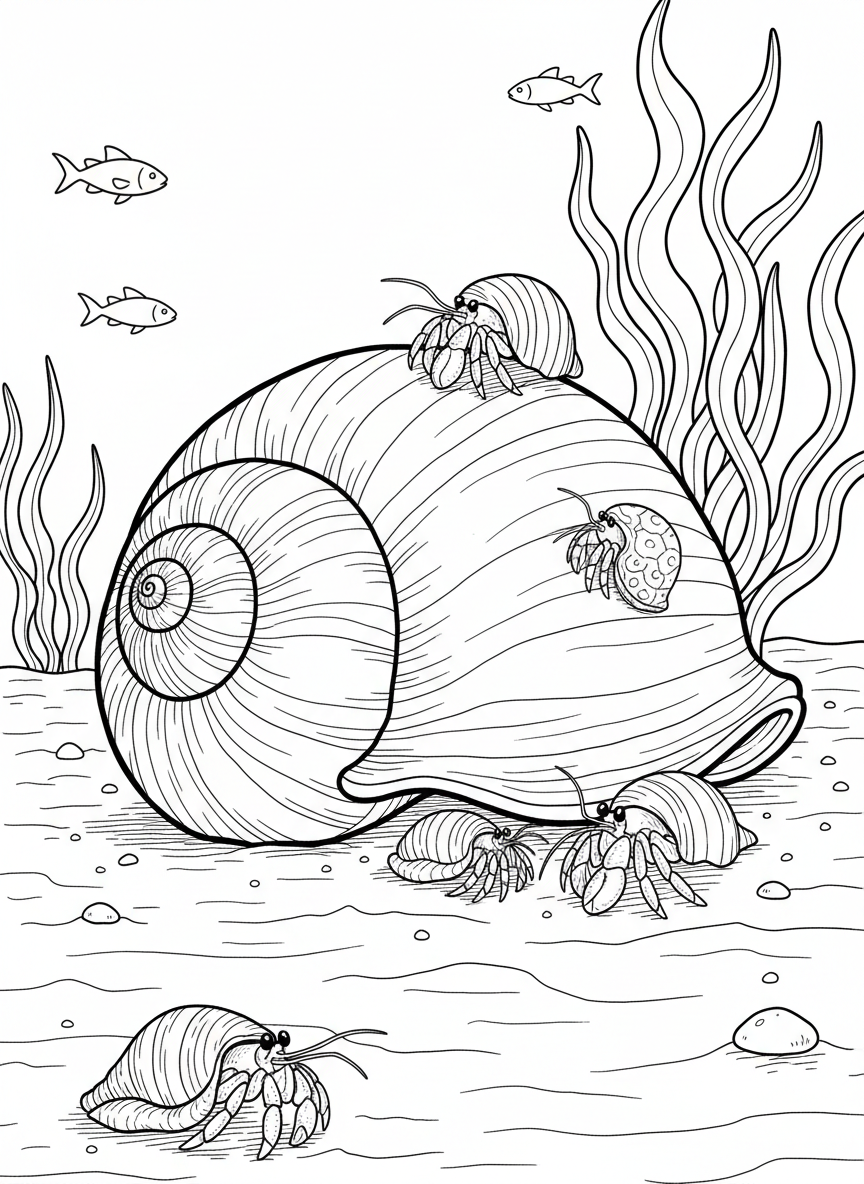 A moon snail shell partially buried in sand with small hermit crabs and tiny fish exploring around it