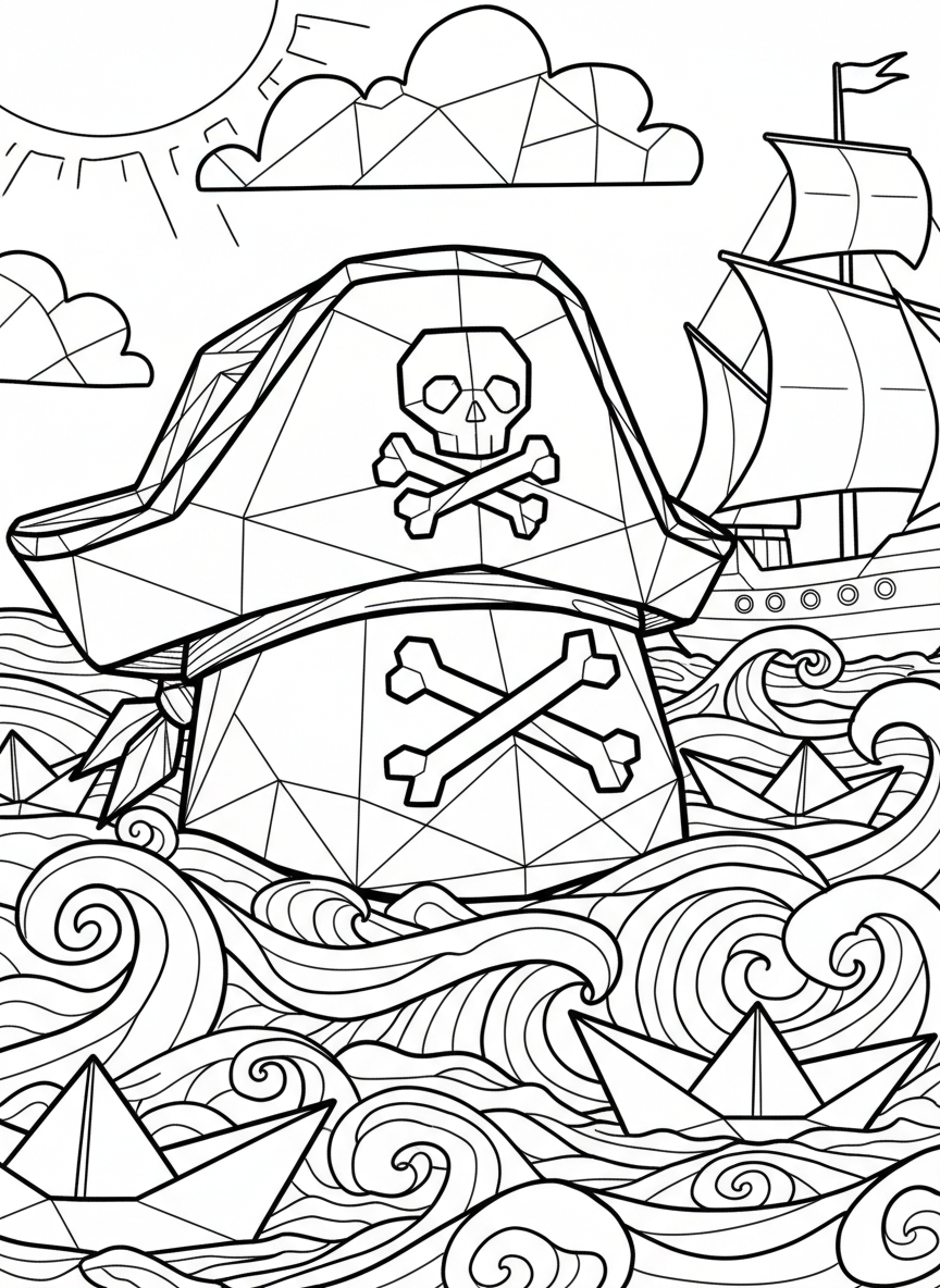 A playful origami pirate hat with a skull and crossbones symbol made from folded triangles, displayed in three-quarter view.