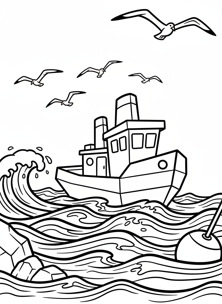 A cute origami tugboat with a smokestack and cabin, floating on gentle waves with seagulls flying overhead.