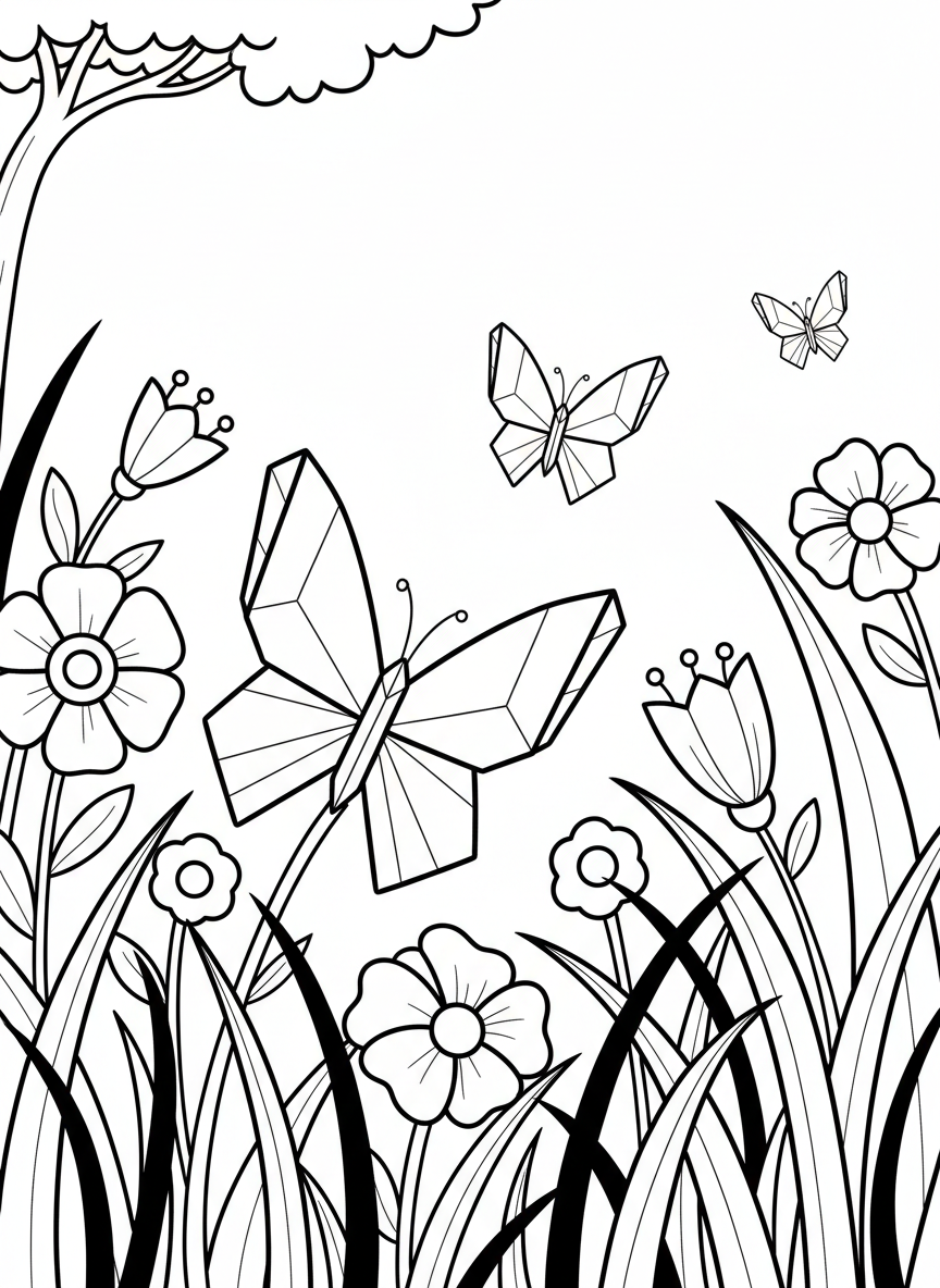 Three small origami butterflies in different sizes flying around a garden with simple flowers and grass below