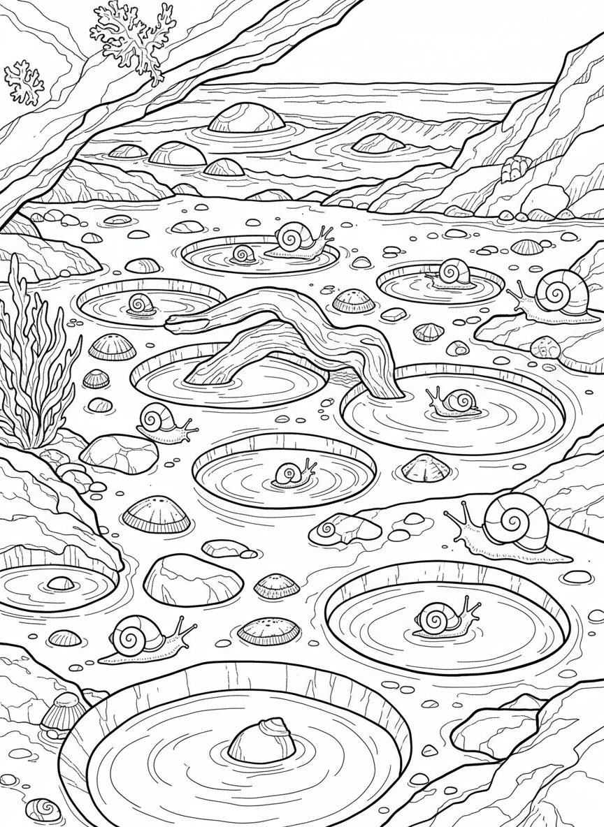 Wide tide pool landscape with multiple snails, limpets, and small rocks creating a busy exploration scene