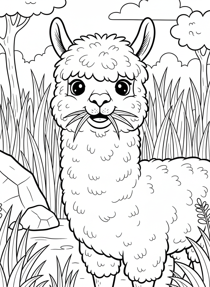 A fluffy alpaca with a big smile eating grass, close-up view showing its cute face and fuzzy wool texture.
