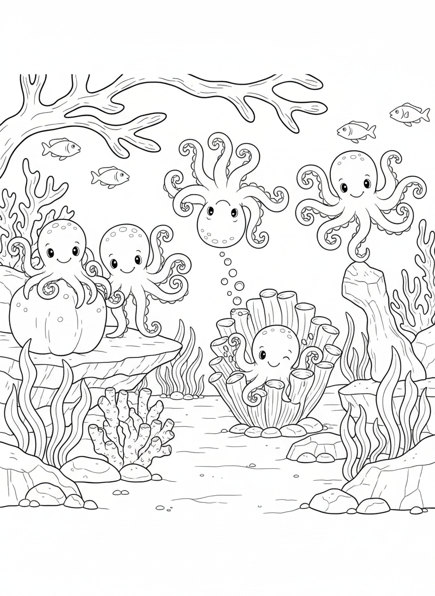 Ocean floor scene with exactly 5 smiling octopuses with curly tentacles, each in a different playful position, clear outlines for counting.