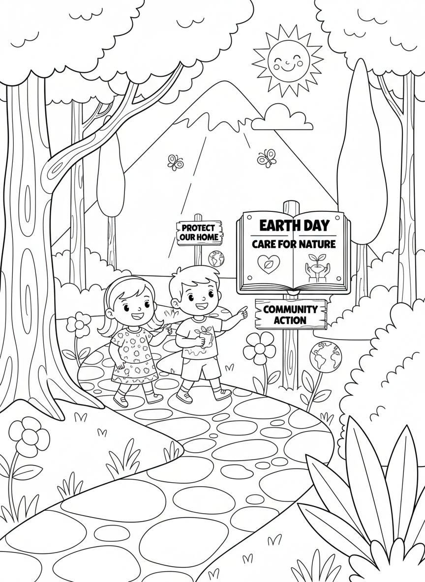 Earth Day coloring page prompts celebrating environmental awareness, nature care, and community action.	A nature trail walk with signs highlighting environmental protection efforts.