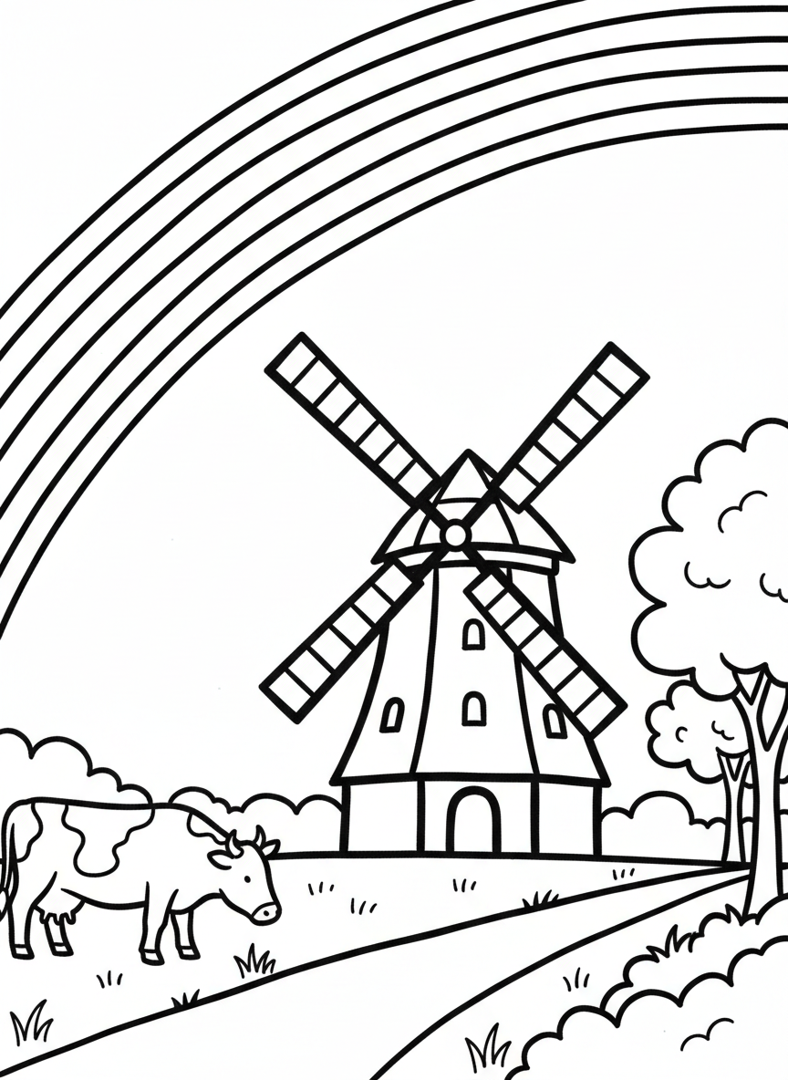 A simple countryside scene with a windmill, a cow grazing in a field, and a rainbow arching across the sky.