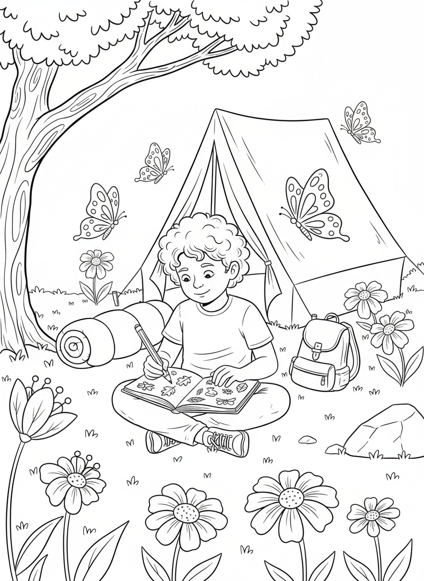 A child writing in a nature journal while sitting cross-legged near a tent, with butterflies and flowers nearby.