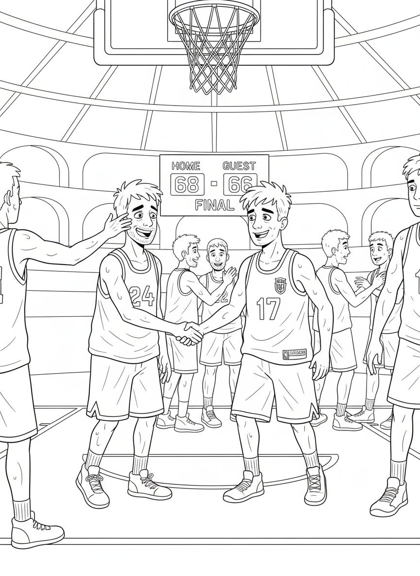 A quiet post-game of basketball moment with players exchanging handshakes, sweat-soaked jerseys and tired smiles reflecting the emotional highs and lows of a hard-fought tournament battle.