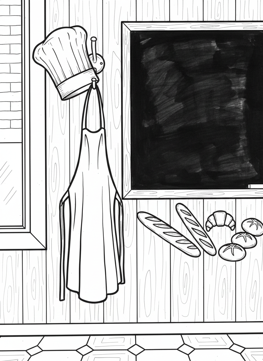 A baker's hat and apron hanging on a hook next to a chalkboard menu listing breads and pastries