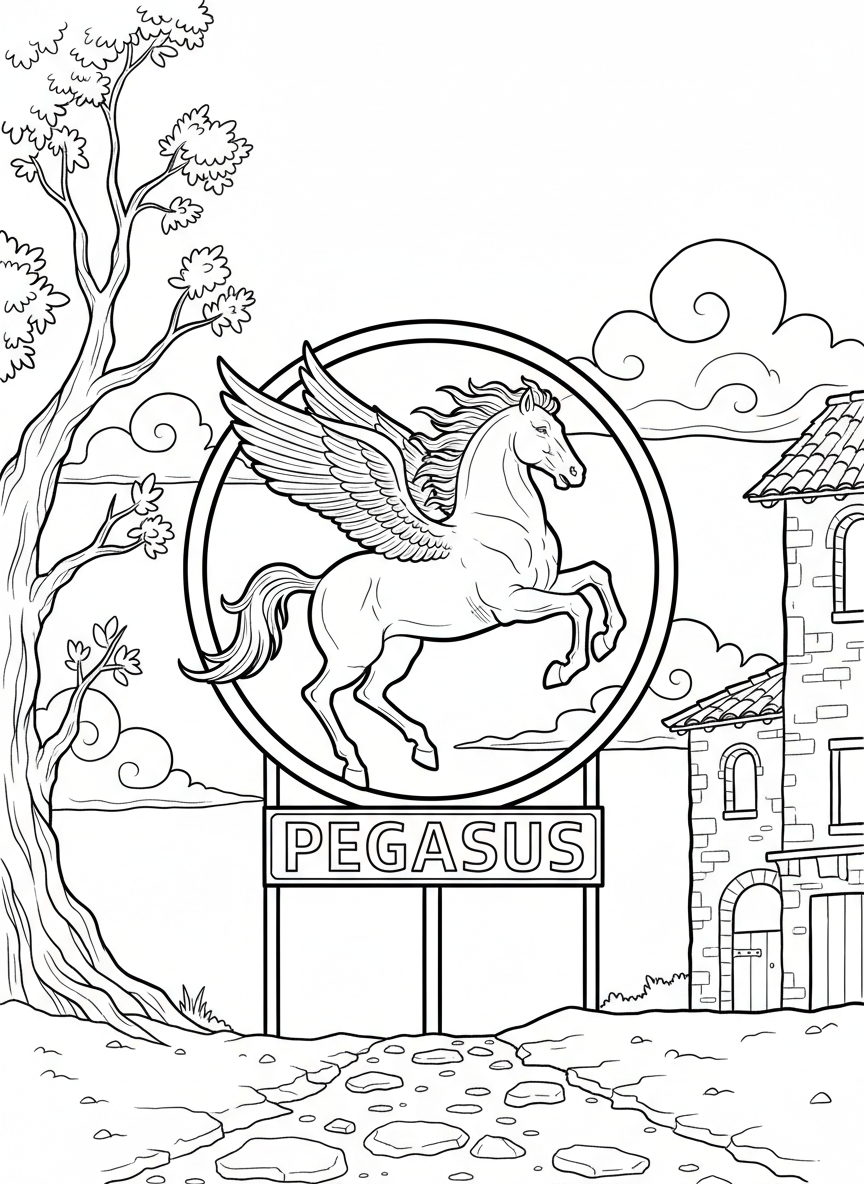 The iconic Pegasus sign with its winged horse design, shown as a simple bold outline perfect for coloring