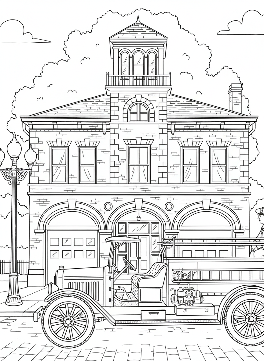 The Denver Firefighters Museum with a vintage fire truck parked outside the historic firehouse building, detailed vehicle illustration.