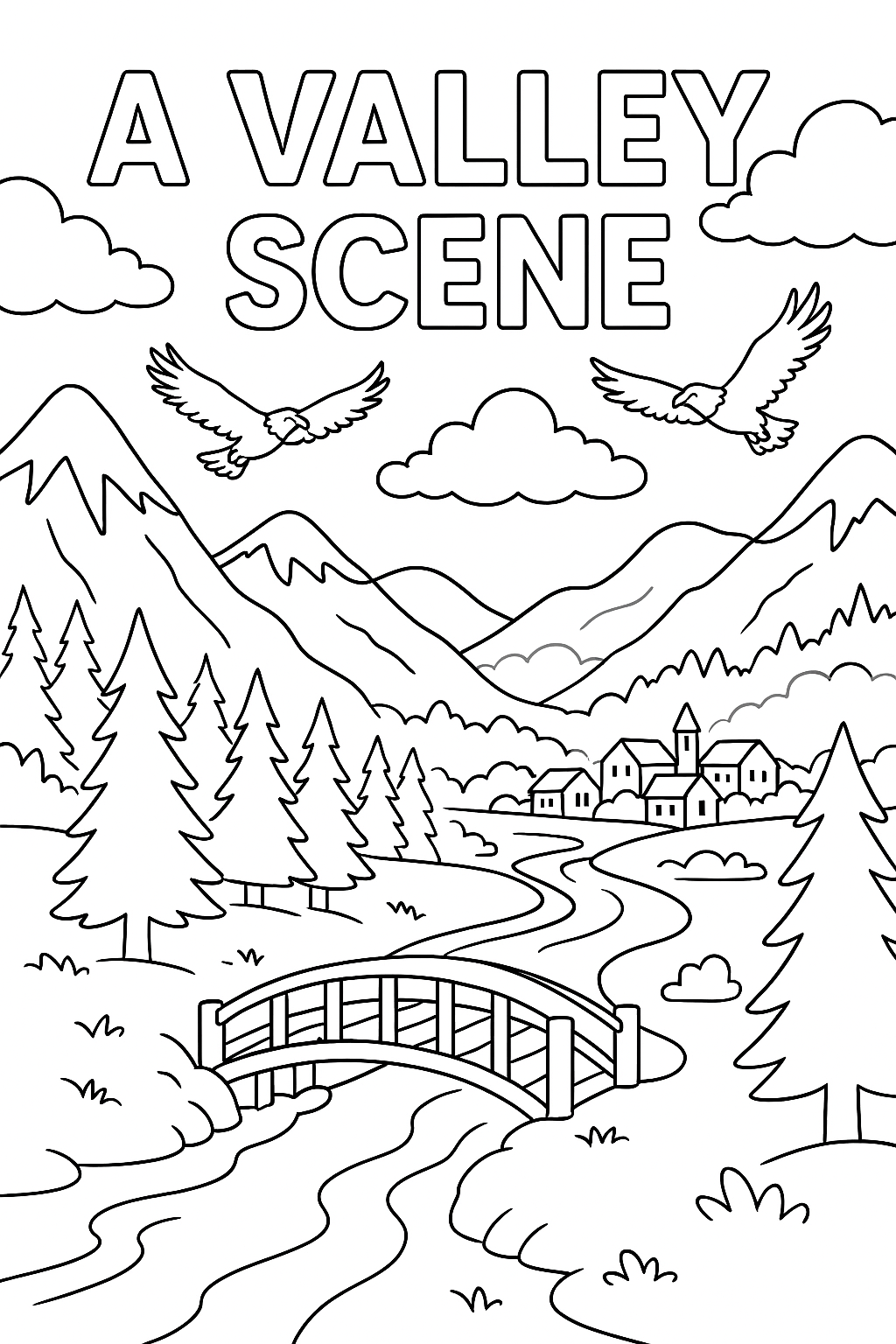 A valley surrounded by mountains, where a river gently winds its way under an old wooden bridge. Above, CLOUDS AND a pair of eagles glide over the pine trees while, in the distance, a small village awakens among the hills covered in morning mist.