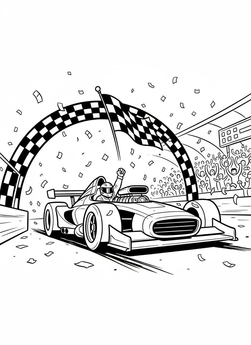 A race car crossing the finish line with checkered flag waving, confetti in the air, celebrating a victory moment.