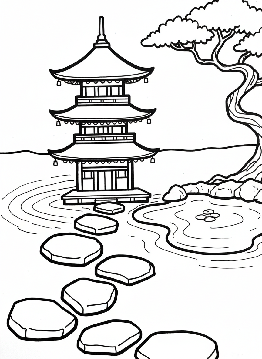 A miniature Japanese garden scene with a small pagoda, stepping stones, a tiny pond, and a bonsai tree in the corner.