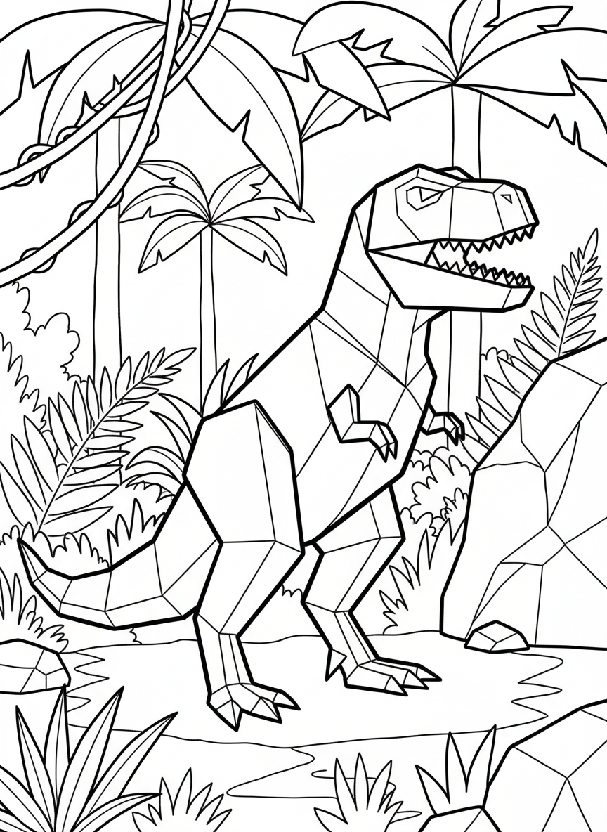 A geometric origami T-Rex standing upright with angular folded paper shapes forming its body, legs, and tiny arms, simple line art for coloring.