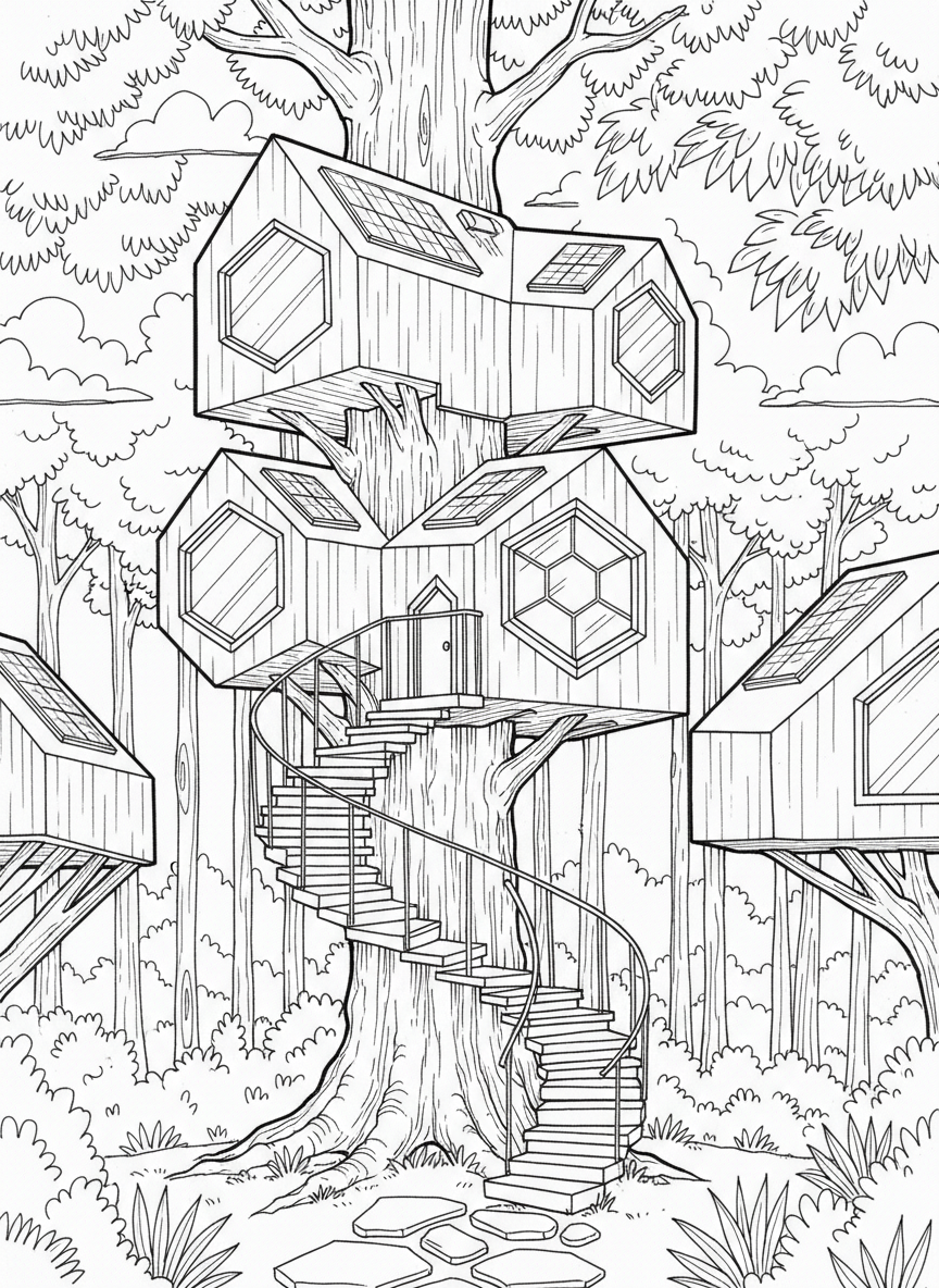 Modern geometric treehouse with hexagon windows, a spiral staircase wrapping the trunk, and solar panels on the roof.