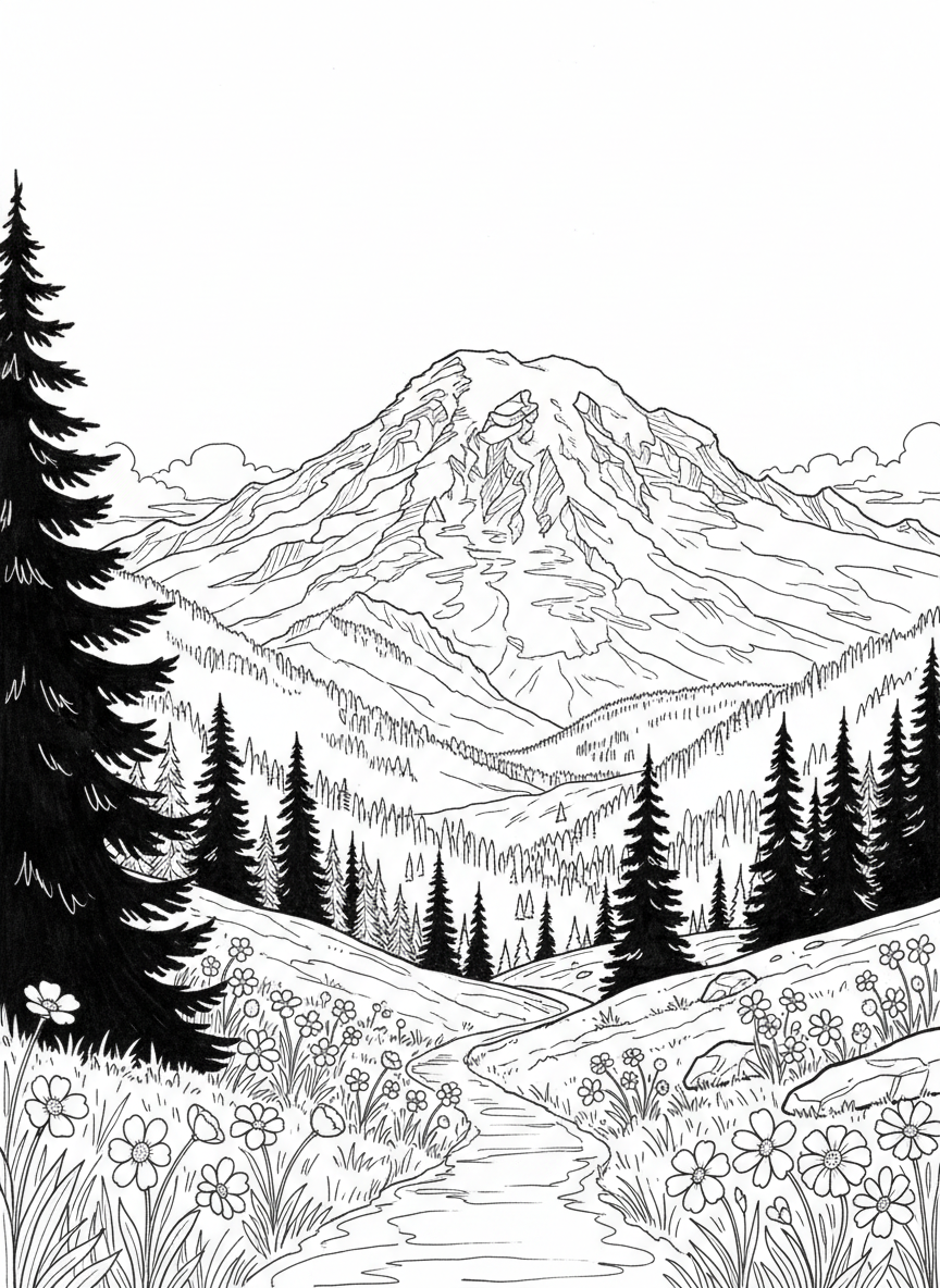 Mount Rainier with evergreen trees in the foreground and wildflowers dotting a meadow, peaceful nature scene line art.