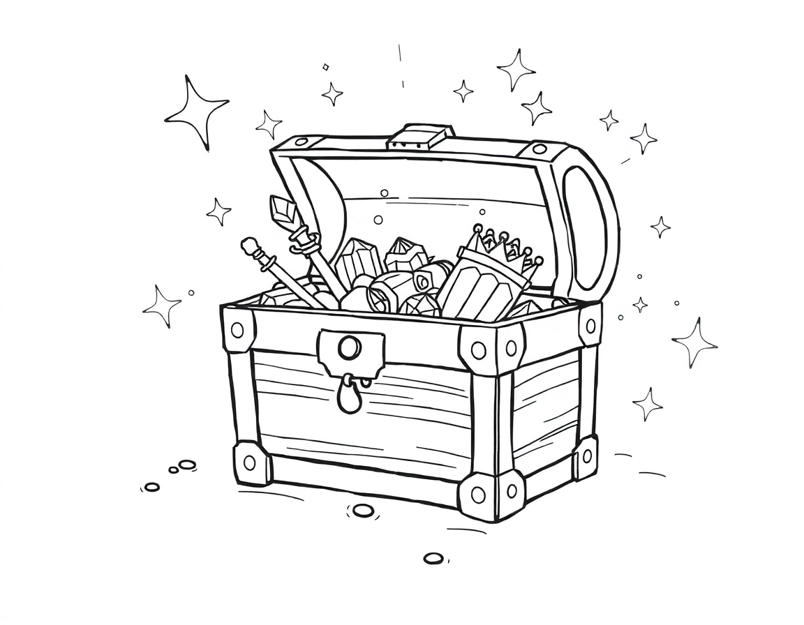 A treasure chest glowing with sparkling stars and light beams shooting out, filled with magical objects like wands, crystals, and crowns