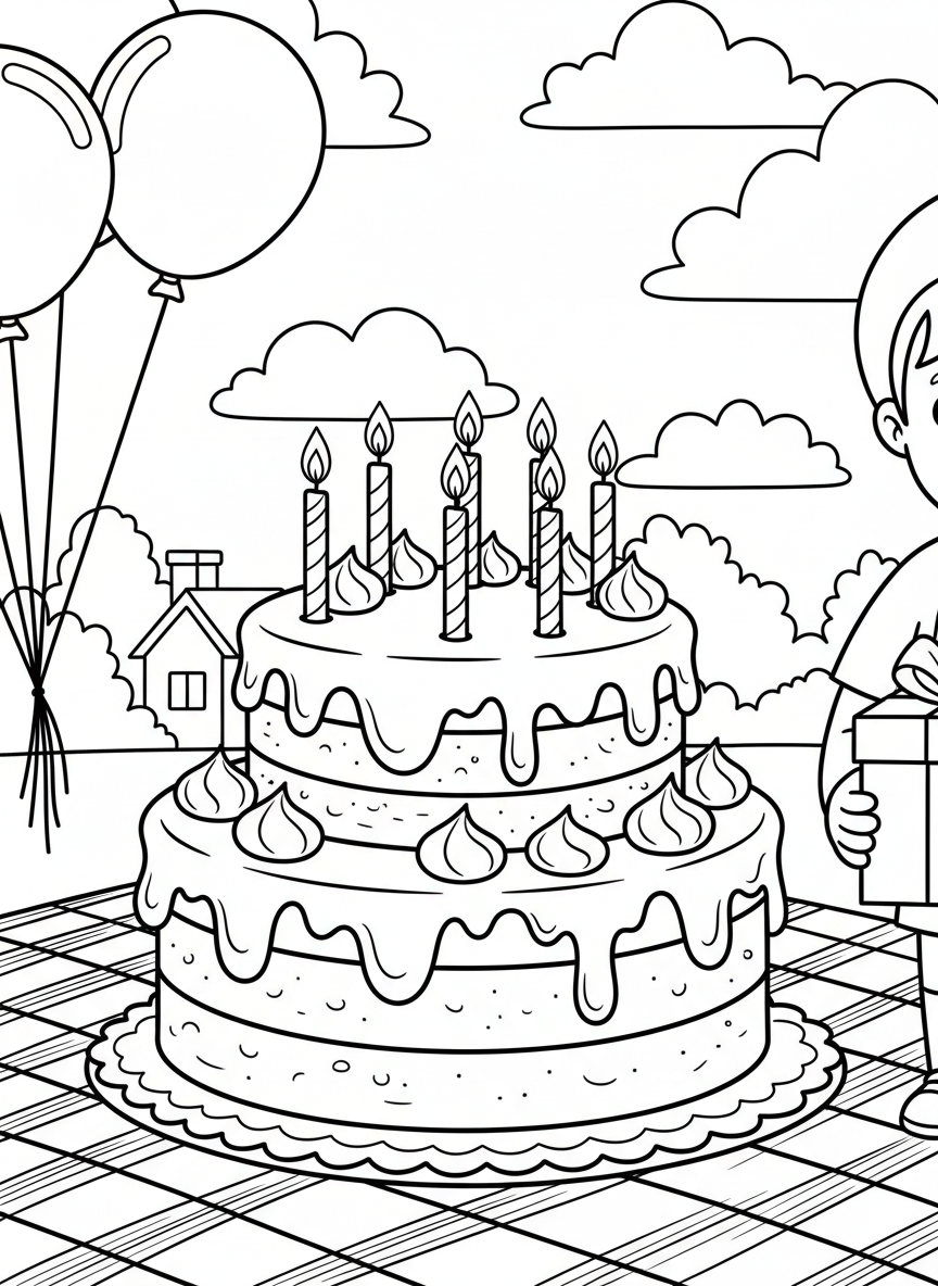 A simple birthday cake with two layers, frosting swirls, and five candles on top, perfect for younger children to color.