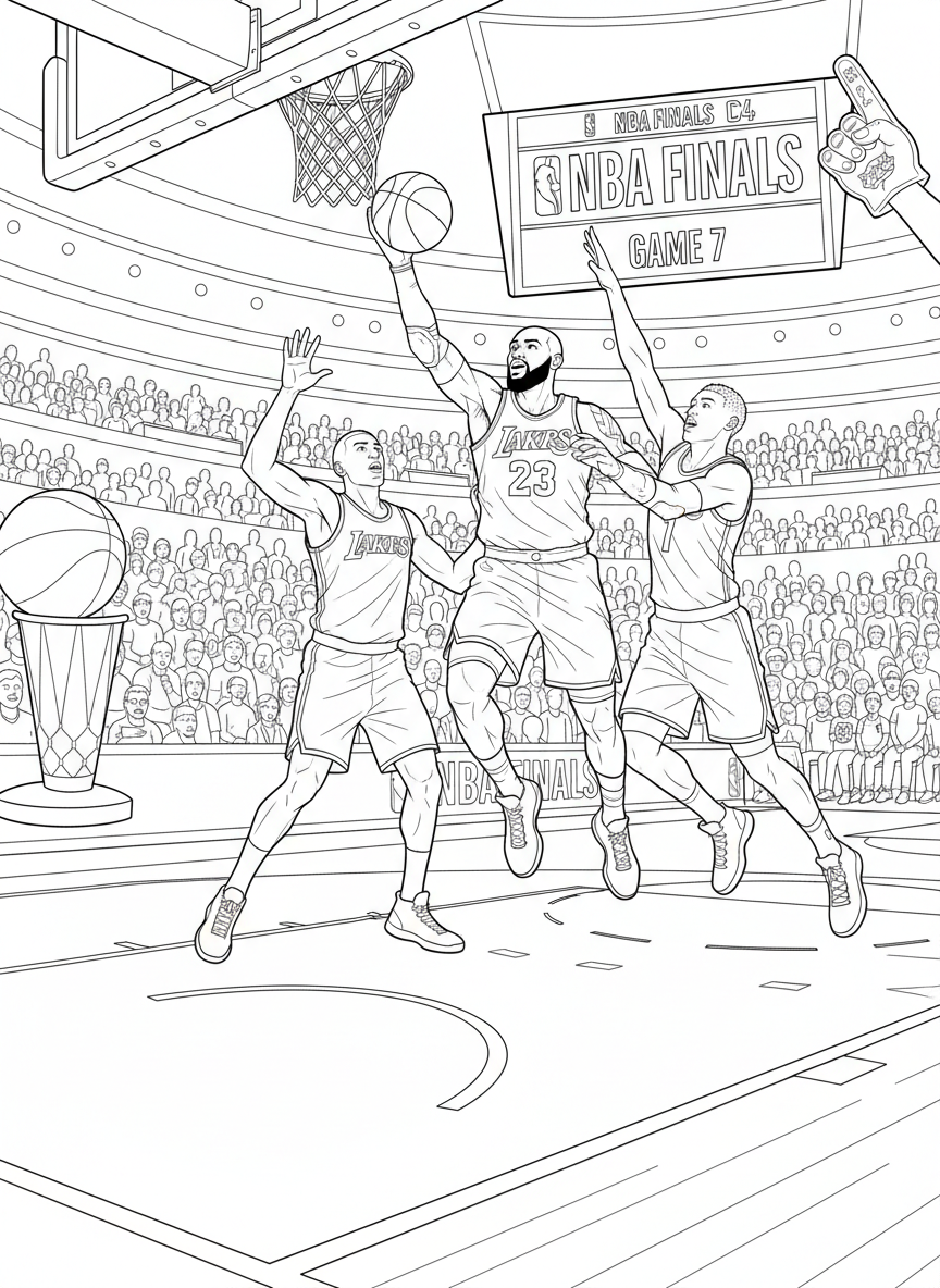 NBA Finals: A superstar going through the defenders, arms extended toward the rim  around him, capturing the split-second drama of a decisive Finals possession.