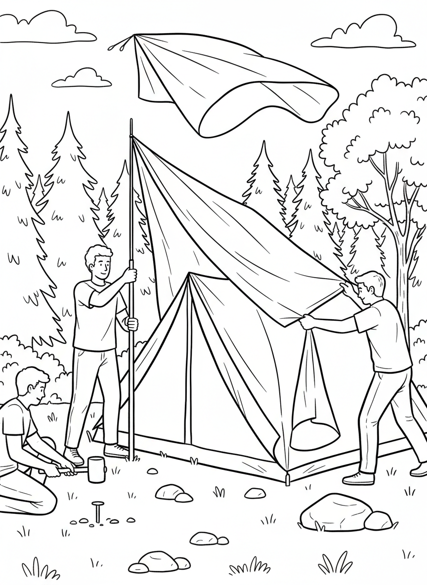 Campers working together to pitch a tent, holding poles and stakes on a campsite clearing.