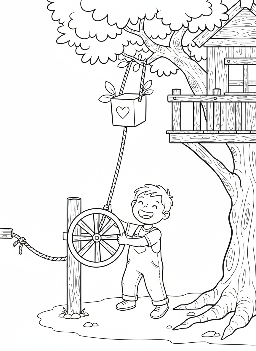 A simple scene of a smiling child cranking a wheel mechanism to raise a bucket mailbox from the ground to their treehouse platform.