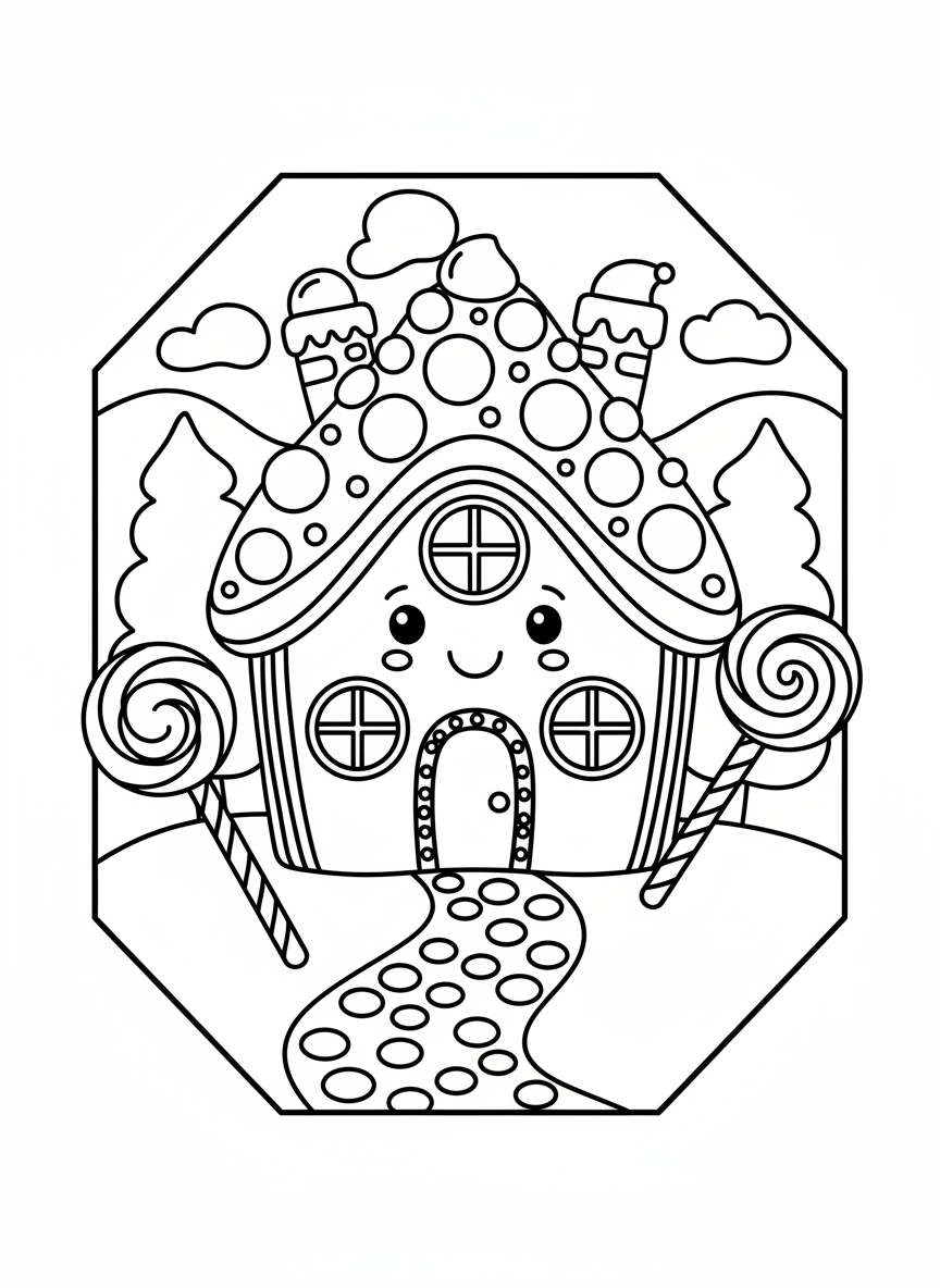 An octagonal ornament design featuring a cheerful gingerbread house with candy decorations, windows, and a gumdrop path