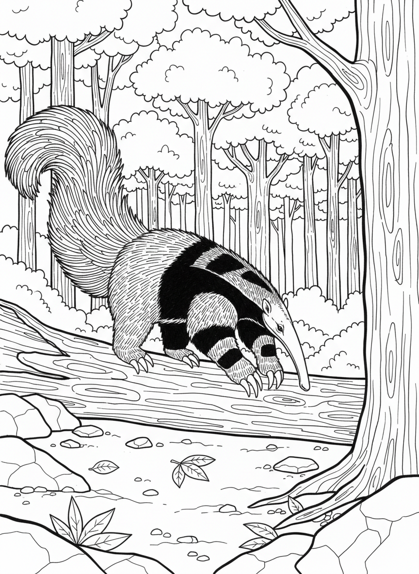 An anteater using its long snout to search for food near a fallen log, with its bushy tail and distinctive claws visible.