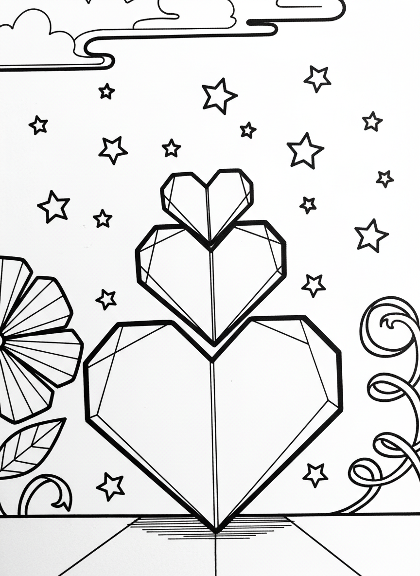 A stack of three origami hearts in different sizes, arranged vertically with small stars floating around them for a festive Valentine's look.