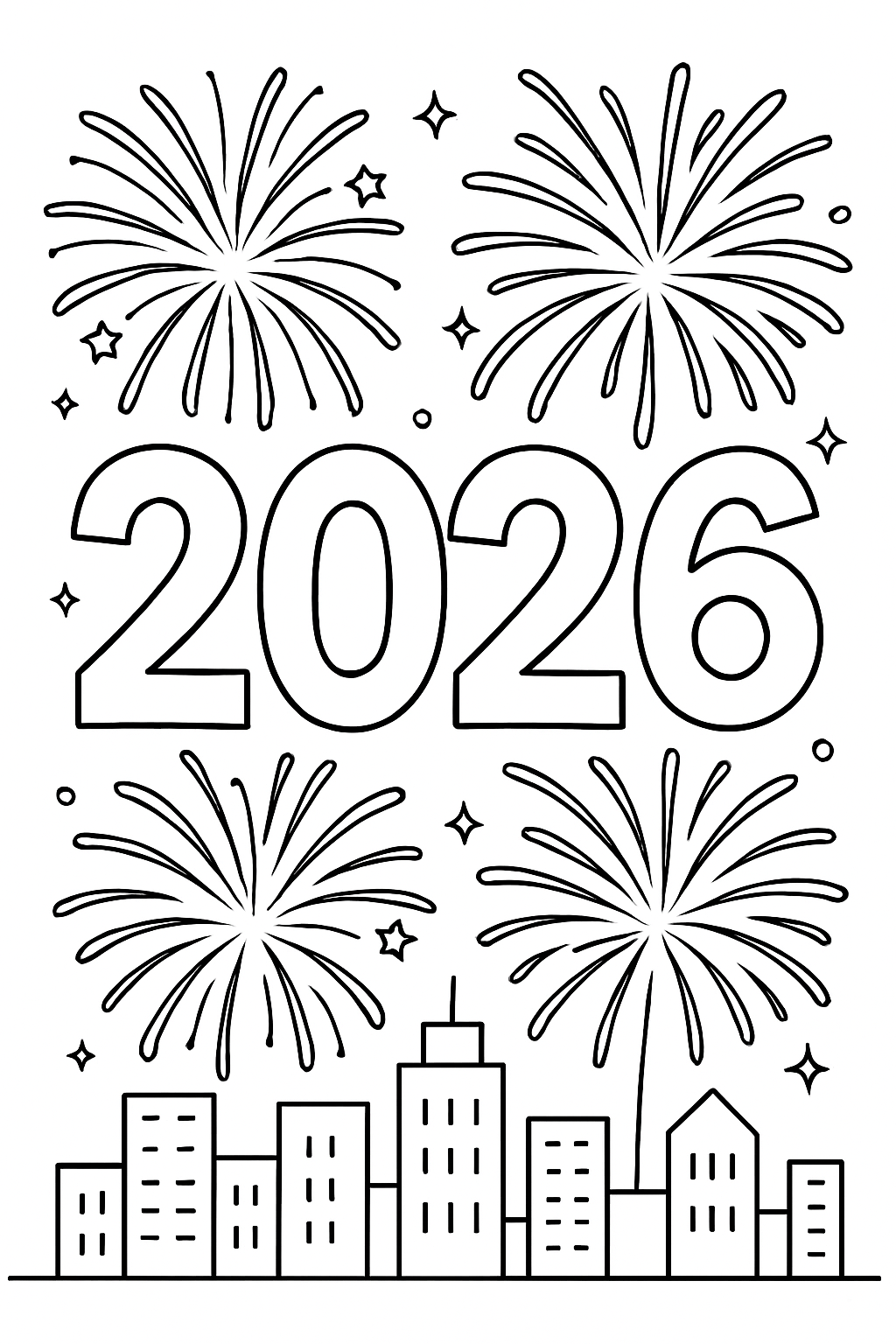 Fireworks Display: A simple city skyline at night with large fireworks exploding above it forming the shape of "2026".