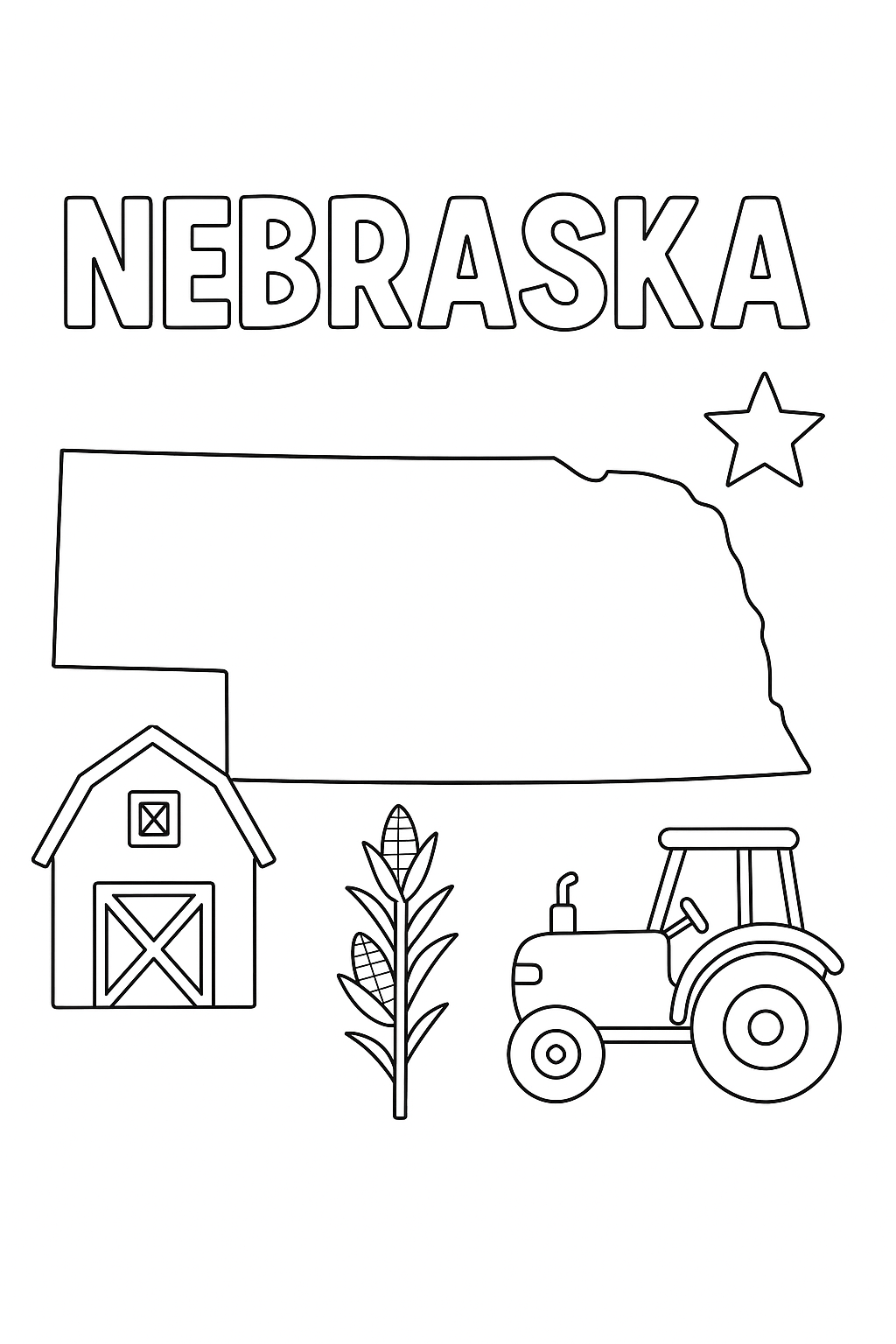 Write “Nebraska” once at the top in outlined letters. Draw a large, centered state outline. Add one barn, one corn stalk, one tractor, and one star in corners.